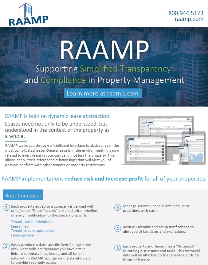 Data sheet on RAAMP, a commercial real estate accounting and asset management platform - page one from RAAMP.com